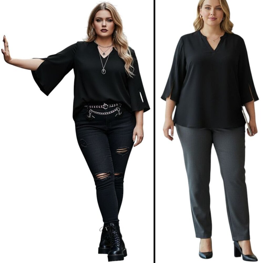 Anyally Chiffon ¾ Split Sleeve Tunic Blouse Black Workwear Whimsigoth Sz 4XL NEW